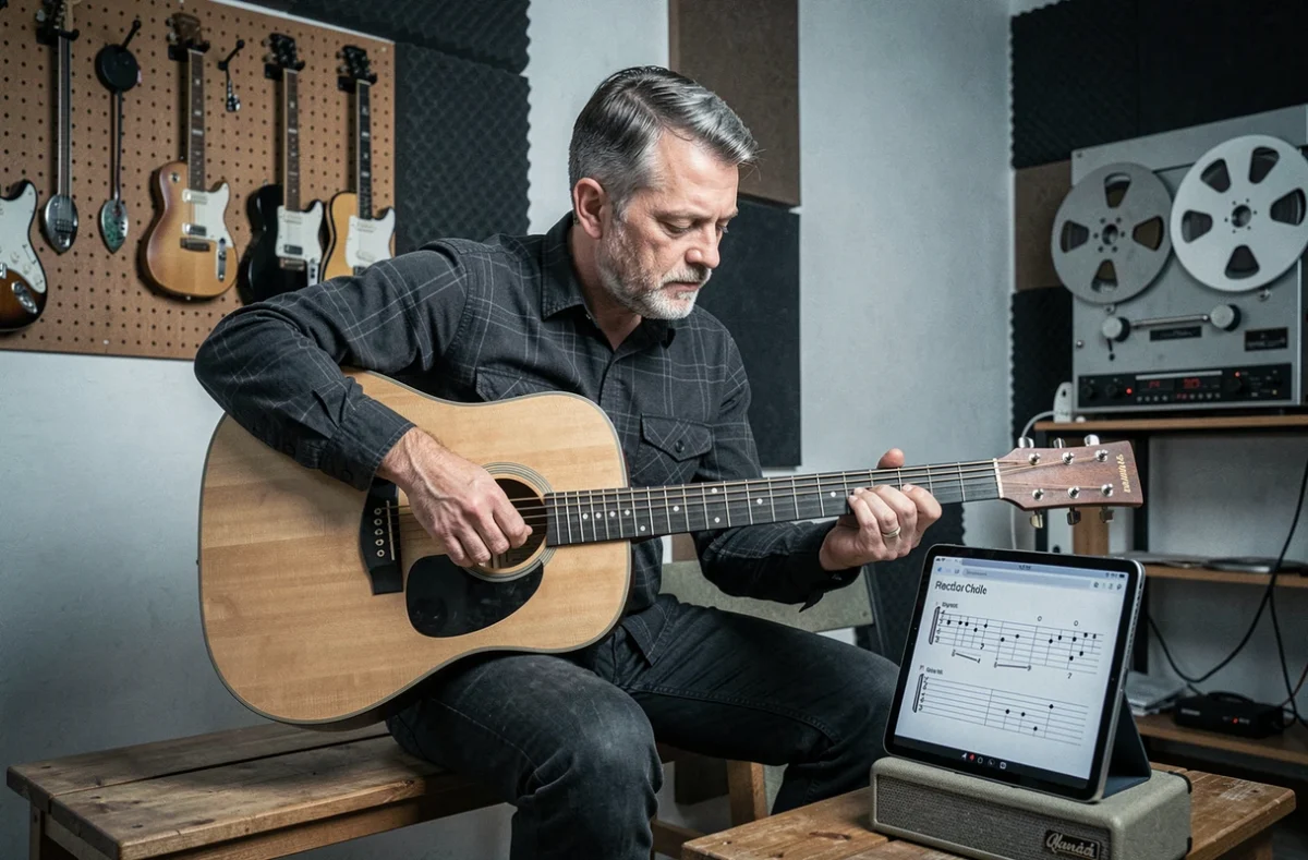 Musicien expérimenté travaillant la structure rythmique de Let It Be sur tablature numérique dans un home studio
