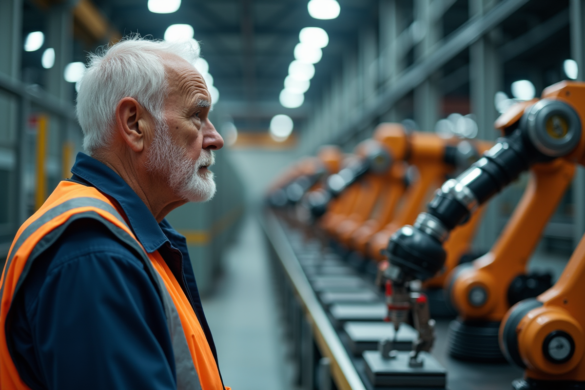 Ouvrier d usine observant des bras robotiques en fabrication