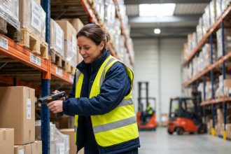 Femme logisticienne en action dans un entrepôt moderne