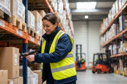 Femme logisticienne en action dans un entrep&ocirc;t moderne