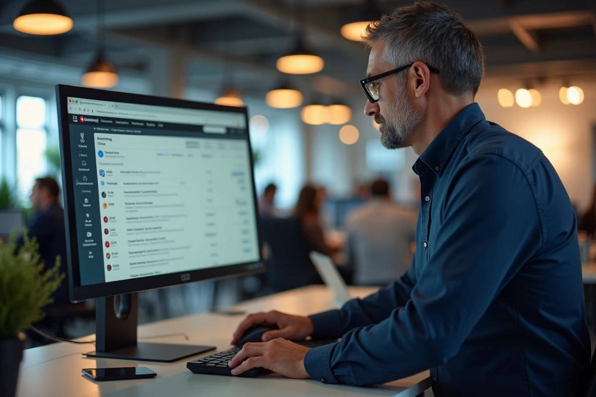Homme paramétrant les notifications de messagerie universitaire sur un grand écran de bureau en open space