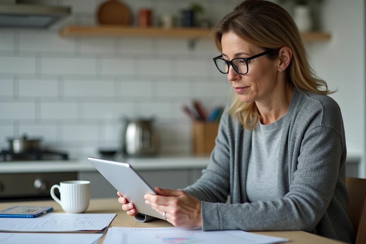 Mère de famille consultant Scolinfo sur une tablette avec un message de site bloqué dans une cuisine familiale