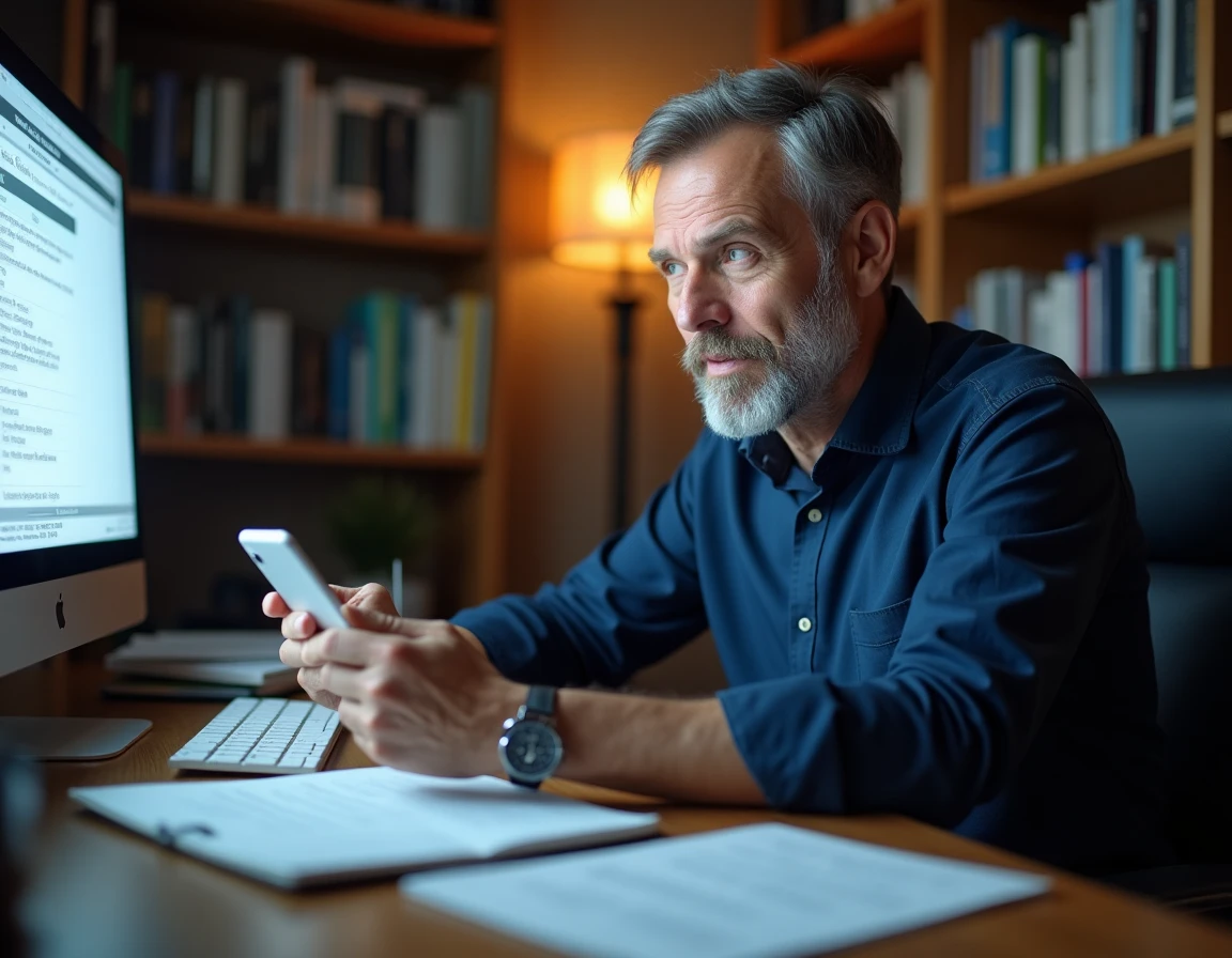 Père tuteur consultant le portail numérique étudiant de Clermont Auvergne depuis son bureau à domicile avec documents imprimés