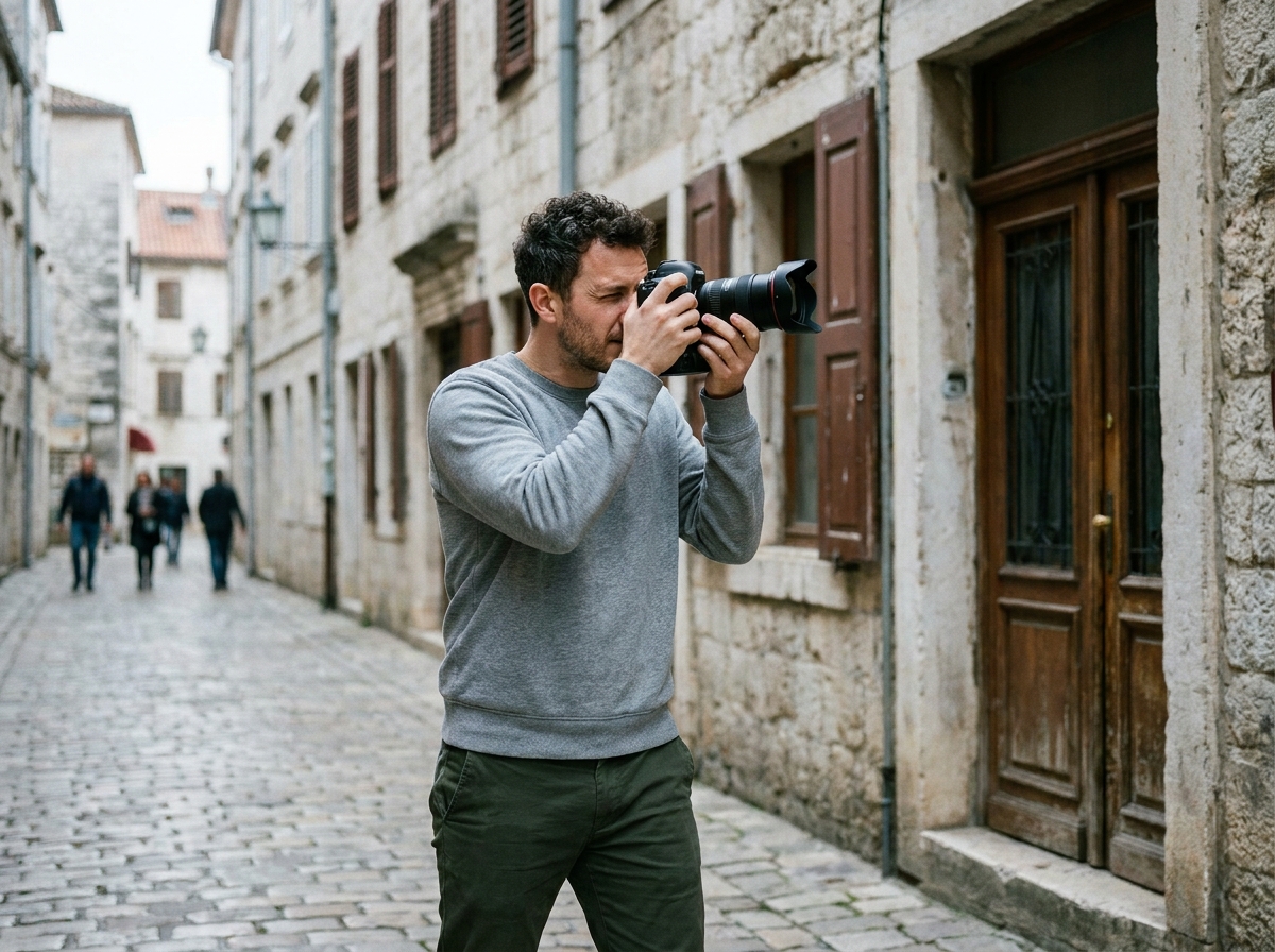 Jeune homme photographe de rue en reportage dans une ruelle pavée européenne avec appareil photo professionnel