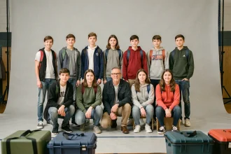 Photographe scolaire prenant la photo de classe d'élèves de collège dans un gymnase aménagé en studio photo