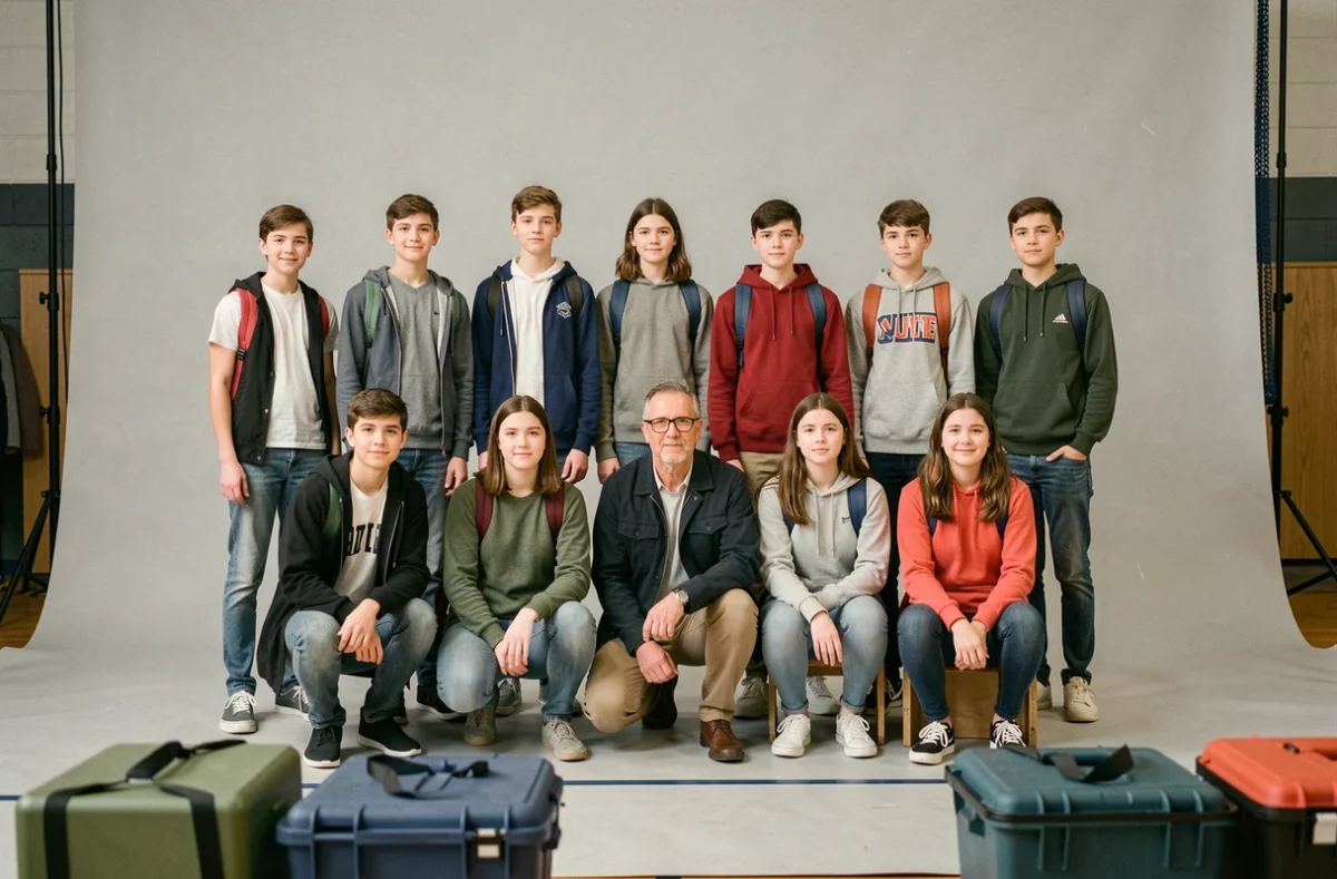 Photographe scolaire prenant la photo de classe d'élèves de collège dans un gymnase aménagé en studio photo