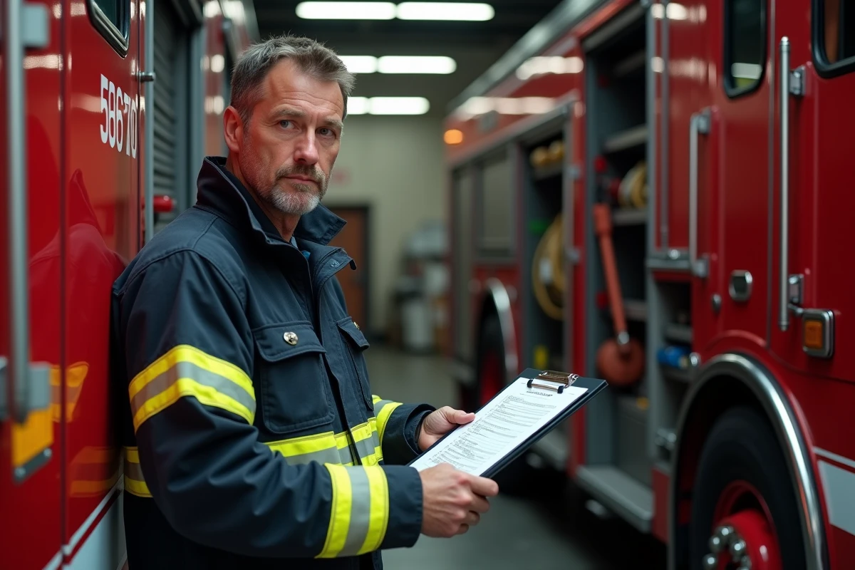 Pompier en tenue complète consultant une fiche de manœuvre GTO dans une caserne de pompiers
