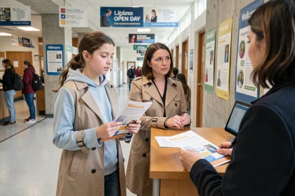 Une lycéenne et sa mère accueillies par un conseiller lors des portes ouvertes du lycée Jean Moulin de Vincennes