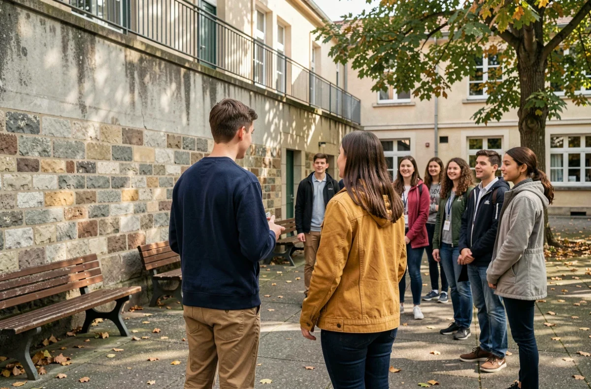 Deux élèves guides font visiter la cour du lycée Jean Moulin de Vincennes à des familles lors des portes ouvertes