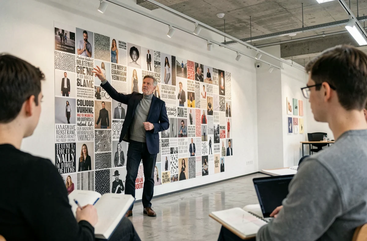 Professeur de design présentant une critique de projet devant un mur d'exposition dans une salle de cours de l'ESAA Duperré Paris