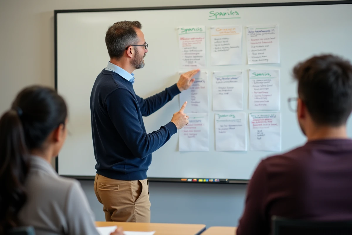 Professeur explique des tableaux de verbes espagnols à des étudiants