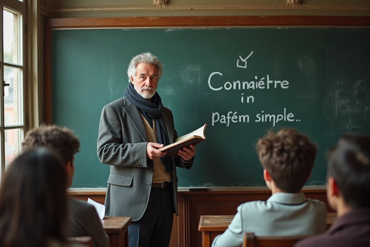 Professeur français expliquant la conjugaison au tableau