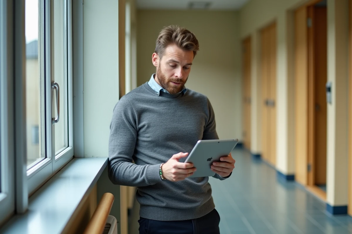 Professeur découvrant les fonctions cachées d'IProf Dijon sur une tablette dans un couloir de lycée