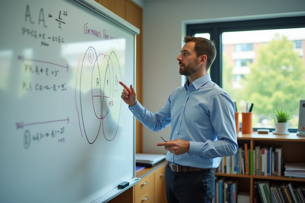 Professeur de maths expliquant diagrammes sur tableau blanc