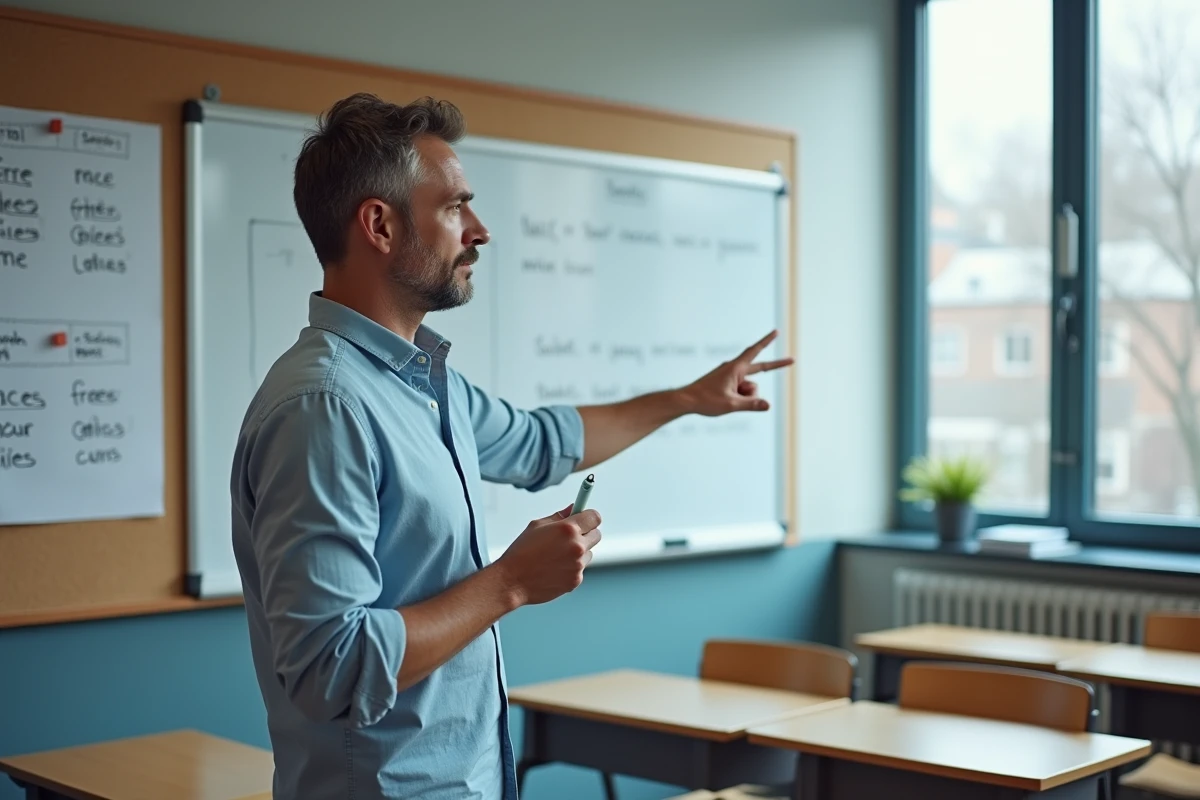 Professeur de français expliquant les règles du subjonctif et de l'indicatif devant un tableau blanc dans une salle de classe moderne