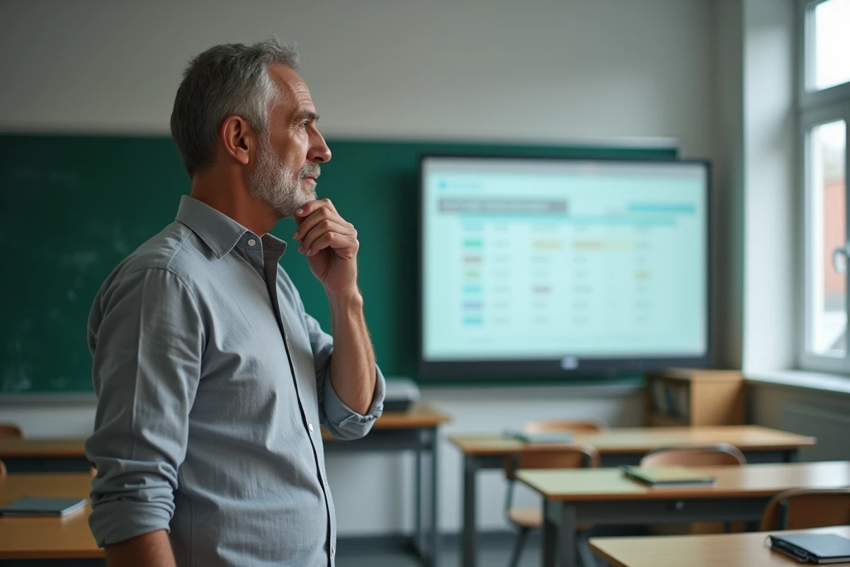 Professeur consultant le suivi des classes sur le tableau numérique interactif de l'ENT Aisne