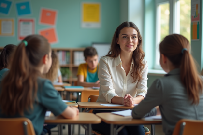 Professeure souriante en classe avec élèves divers