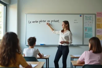 Professeure française enseignant au tableau en classe moderne