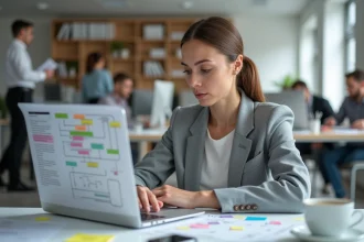 Professionnelle analysant des scénarios d'emails et des tags de segmentation sur un outil emailing dans un bureau moderne