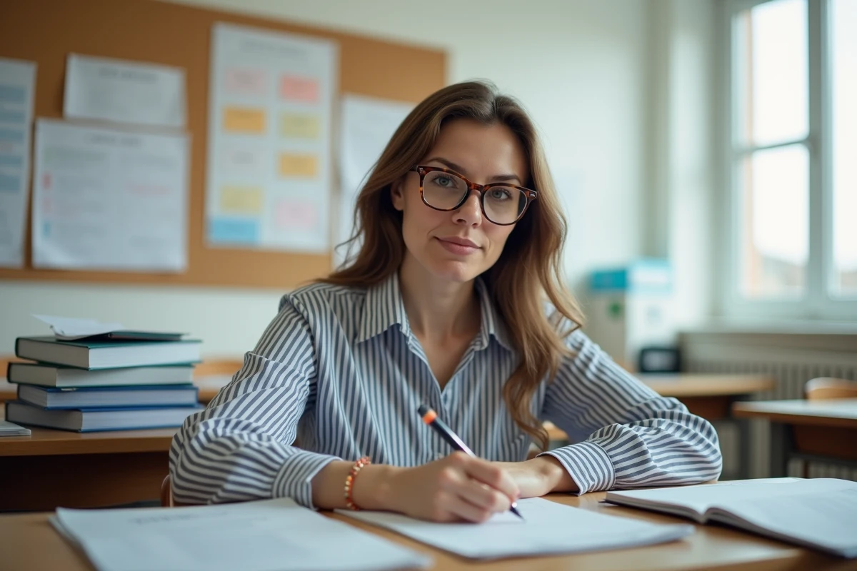 Femme en reconversion professionnelle prenant des notes dans une formation d'éducatrice spécialisée, entourée de supports pédagogiques en travail social