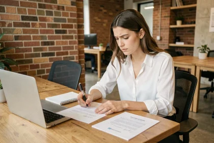 Jeune femme rédigeant une lettre de motivation pour un emploi ASV en alternance dans un espace de travail moderne