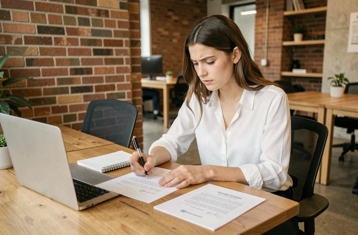 Jeune femme rédigeant une lettre de motivation pour un emploi ASV en alternance dans un espace de travail moderne
