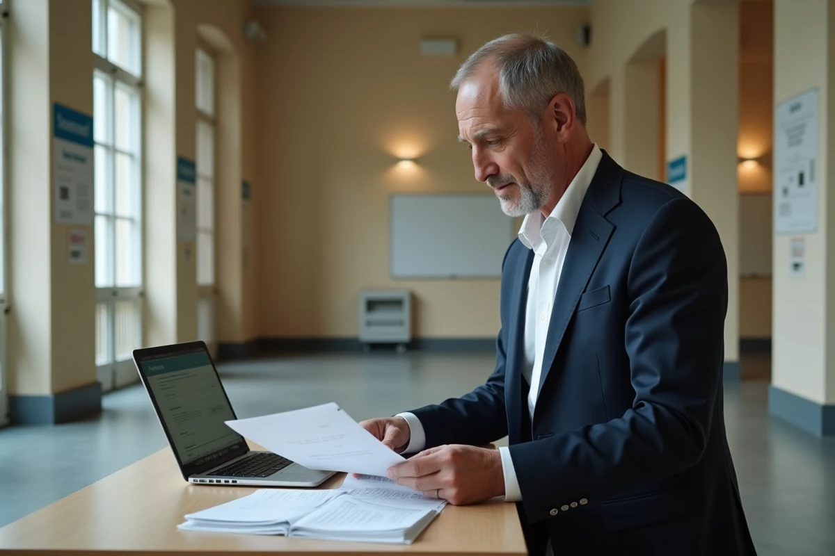 Responsable administratif consultant des documents d'inscription à des concours sur la plateforme Cyclades dans un couloir universitaire