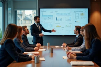 Groupe de professionnels en réunion dans un bureau parisien