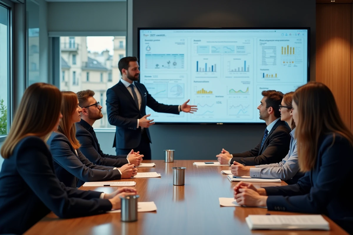 Groupe de professionnels en réunion dans un bureau parisien