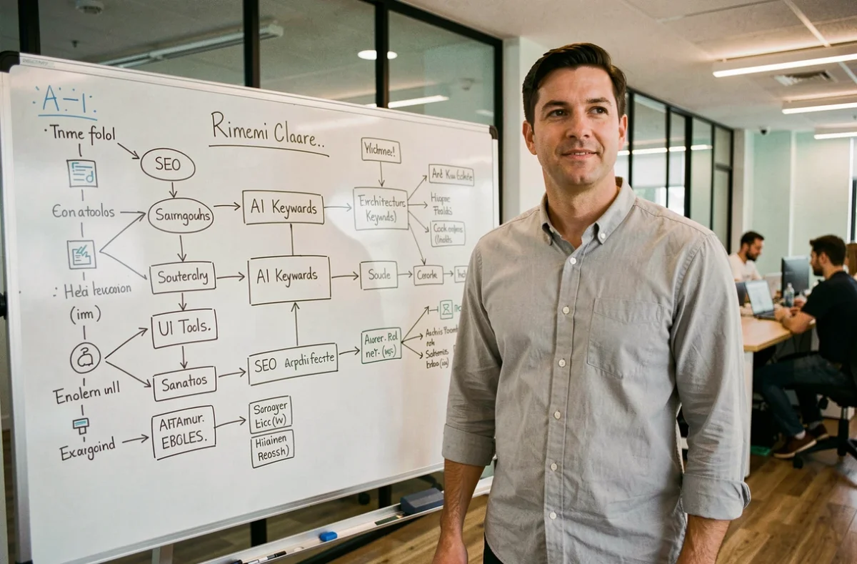Professionnel expliquant une stratégie d'automatisation combinant intelligence artificielle et SEO sur un tableau blanc en espace de co-working