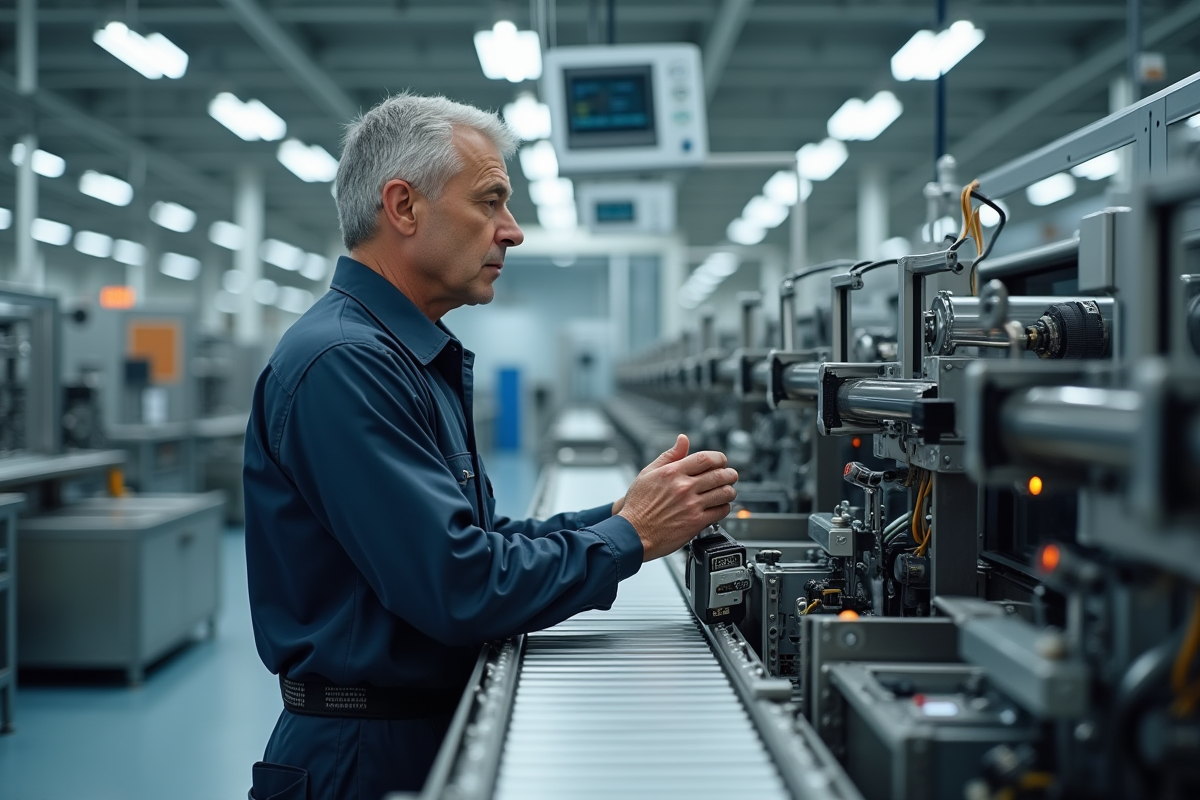 Homme en uniforme ajustant du matériel dans une usine hightech