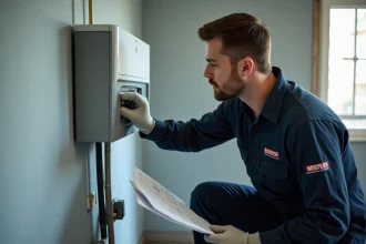 Technicien CVC naviguant dans les menus d'un régulateur ENC OZE 92 monté au mur dans une chaufferie résidentielle