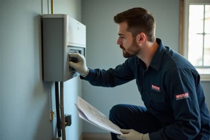Technicien CVC naviguant dans les menus d'un régulateur ENC OZE 92 monté au mur dans une chaufferie résidentielle