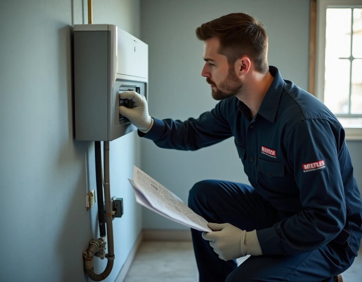 Technicien CVC naviguant dans les menus d'un régulateur ENC OZE 92 monté au mur dans une chaufferie résidentielle