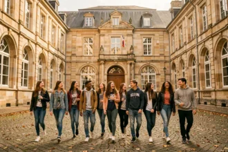 Des lycéens du Grand Est traversent joyeusement la cour d'un lycée historique aux façades en pierre, illustrant le classement des meilleurs lycées de la région en 2026.